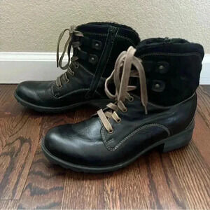Josef Seibel Sandra Black Leather Combat Boots Sz EU 39 US 8 Leather Lace Up Zip